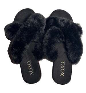 XOXO Women’s Size 7 Black Faux Fur CrissCross Slide Slippers